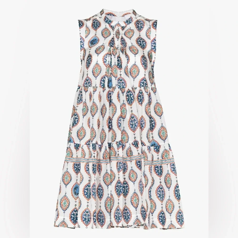 CHLOÉ Tiered Ceramic Print Babydoll Silk Mini Dress Paisley White Blue Sz 42 10 - Picture 7 of 11